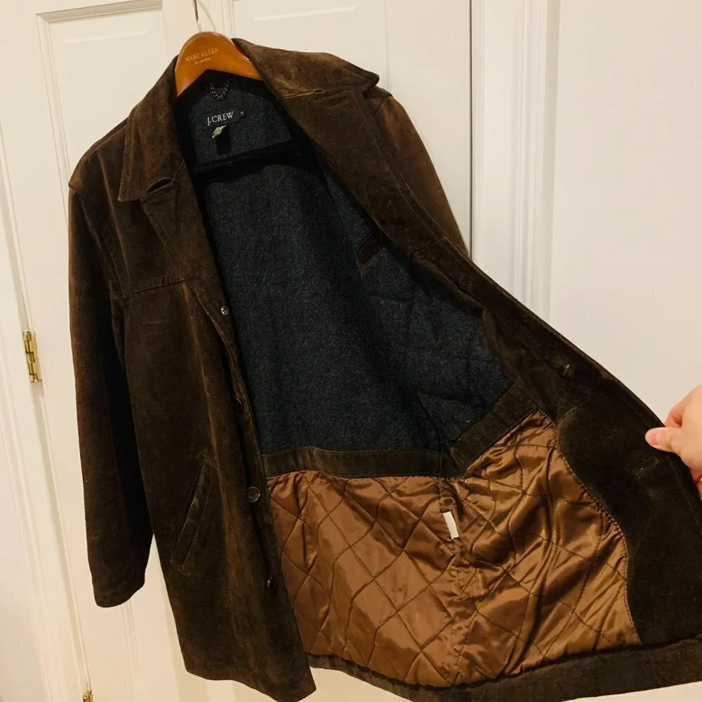 J CREW Suede Leather Jacket Lined Coat Button Down Wool Lining Brown Vintage 90s
